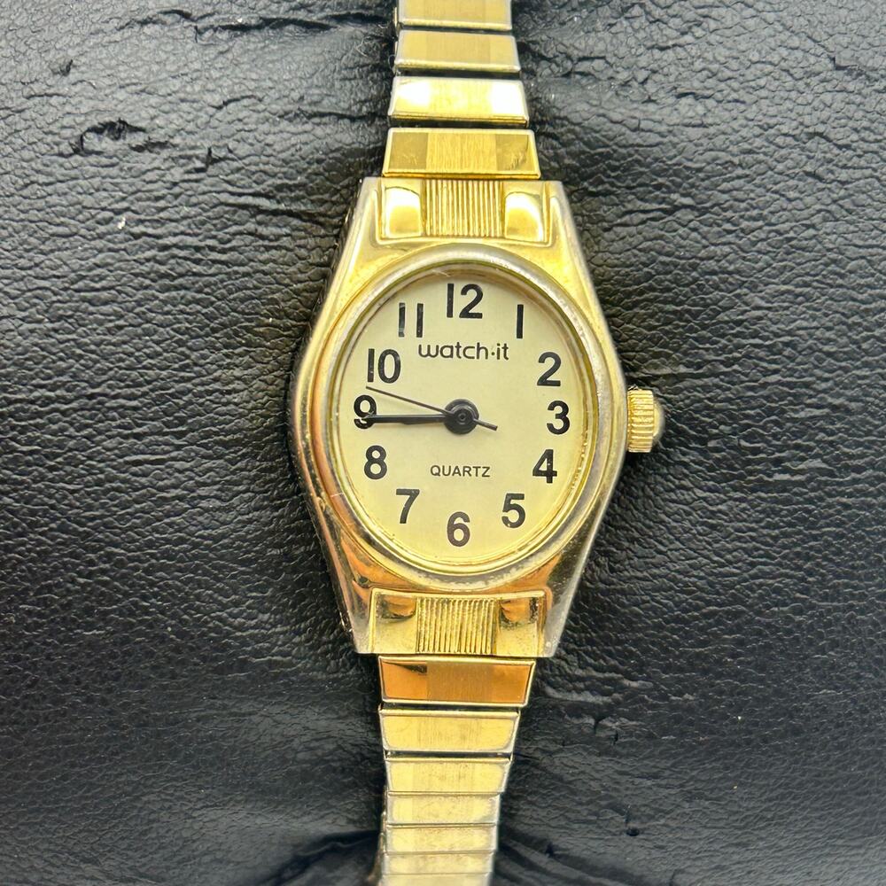 Watch-it Gold  Womens Gold Tone Steel Classic Oval Dial Quartz New Battery